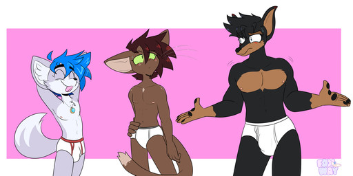 anthro black_body black_fur black_nose black_pawpads blue_hair blush briefs brown_body brown_fur brown_hair clothed clothing colored_edge_underwear colored_seam_briefs colored_seam_underwear confident embarrassed embarrassing_nudity eyes_closed fur green_sclera grey_waistband group hair jewelry male monotone_briefs monotone_clothing monotone_underwear necklace pawpads pink_background red_seam_briefs red_seam_underwear simple_background smile tighty_whities tongue tongue_out topless trio underwear whiskers white_background white_briefs white_clothing white_underwear foxway canid canine canis dobermann domestic_cat domestic_dog felid feline felis mammal pinscher hi_res