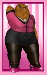 anthro big_breasts black_lips bottomwear breasts brown_body brown_fur buckle clothing female footwear fur green_eyes hand_behind_head high_heels legwear lips looking_at_viewer overweight overweight_anthro overweight_female pantyhose shirt shoes skirt smile smiling_at_viewer solo stocky thick_thighs topwear lovemummification emma_withers bear mammal absurd_res hi_res