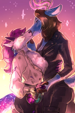 ambiguous_gender anthro antlers biped blue_body blue_fur brown_hair cheek_scar claws clothing constellation_markings countershade_fur countershading dirty dirty_clothing dirty_fur duo facial_scar female fur fur_markings glowing glowing_antlers hair hand_holding hand_on_cheek holding_cheek hooves horn hug kiss_on_lips kissing long_tail markings nub_tail purple_body purple_fur purple_hair scar simple_background smile sparkling_background standing tail torn_clothing white_body white_fur pretzeldragonart mythology astra_nova_(astranova64) luna_(lunaisadeer) deer dragon felid hybrid mammal mythological_creature mythological_scalie purrgon scalie 2026 2:3 absurd_res digital_drawing_(artwork) digital_media_(artwork) hi_res portrait shaded signature trans_(lore) trans_woman_(lore)