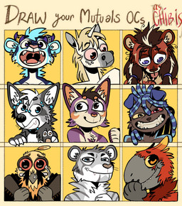 ambiguous_anthro ambiguous_gender anthro blue_body blue_eyes blue_fur brown_body brown_eyes brown_fur cheek_tuft chibi closed_smile dreadlocks ear_piercing ear_ring facial_tuft fangs front_view fur glistening glistening_eyes grey_body grey_fur grin horn horn_jewelry horn_ring jewelry looking_at_viewer male male_anthro mouth_closed narrowed_eyes nude open_mouth orange_eyes piercing purple_body purple_eyes purple_fur red_body red_eyes red_fur ring_(jewelry) ring_piercing sharp_teeth simple_background smile solo teeth tuft white_body white_fur yellow_background 0ct0m0n0 mythology avian dinosaur dromaeosaurid equid equine felid mammal mythological_creature mythological_equine prehistoric_species reptile saurischian scalie species_request theropod unicorn bust_portrait hi_res multiple_images portrait