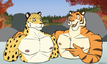 anthro arm_around_shoulders autumn_leaves bathing bathing_together chest_tuft countershade_face countershade_neck countershade_torso countershading duo fur gesture hand_gesture male markings muscular muscular_male narrowed_eyes nipples no_irises open_mouth orange_body orange_fur partially_submerged pecs pointing spots spotted_body spotted_fur striped_body striped_fur stripes tuft yellow_body yellow_fur scribefang chan_ak'bal_(scribefang) shanji_(scribefang) felid jaguar mammal pantherine tiger 2025 digital_drawing_(artwork) digital_media_(artwork) hi_res