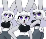 annoyed anthro big_breasts black_clothing black_topwear bottomwear breasts cleavage clothed clothing curvy_figure eyelashes female fluffy fluffy_hair fluffy_tail fur grey_body grey_fur hair long_ears looking_aside navel pants purple_eyes reference_image shirt simple_background solo sweatpants tail tank_top text topwear white_body white_fur wide_hips worried guak ashely_winters_(guak) lagomorph leporid mammal rabbit model_sheet