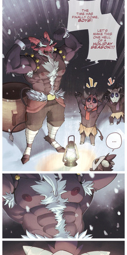 abs anthro arm_tuft armpit_hair basket bell bell_harness biceps black_body black_fur blush blush_lines bodily_fluids body_hair bottomwear chest_hair clothed clothing container dialogue elbow_tuft eyebrows facial_hair flexing forked_tongue fur goatee group hair happy_trail harness heart_symbol holidays hooves horn jingle_bell jingle_bell_harness lamp lantern leg_wrap male mask muscular muscular_anthro muscular_male nipples outside pants pecs raised_arms red_face red_horn scarf size_difference snow speech_bubble standing sweat sweatdrop tail text thick_eyebrows tongue tongue_out topless tuft wearing_mask white_body white_fur white_hair dannon-5 christmas krampus bovid caprine caprine_demon demon goat_demon imp mammal 2025 comic digital_media_(artwork) english_text hi_res url watermark