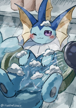 ambiguous_gender blue_body blush blush_lines featureless_crotch feral foam lying on_back one_eye_closed partially_submerged pawpads paws purple_eyes shower shower_head solo steam tail water chaco_(illustrattyako) nintendo pokemon eeveelution generation_1_pokemon pokemon_(species) vaporeon 2025 absurd_res hi_res signature