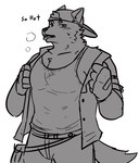 anthro blush bottomwear clothed clothing hair hat headgear headwear male muscular muscular_anthro muscular_male open_clothing open_shirt open_topwear pants pecs shirt simple_background solo standing tank_top topwear undressing northwoooof mech_(northwoooof) canid canine canis mammal wolf hi_res