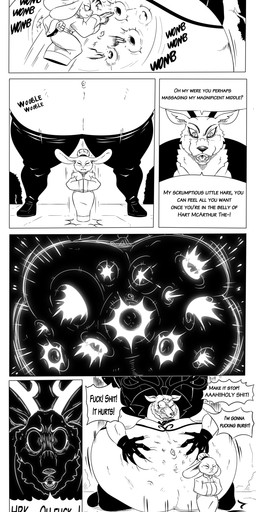 anthro antlers belly big_belly bodily_fluids bottomwear bruised bruised_belly cape clothed clothed_anthro clothed_female clothed_male clothing delayed delayed_reaction dialogue duo exposed_belly fangs female fight foaming fully_clothed fully_clothed_anthro fully_clothed_female fully_clothed_male gloves hair handwear horn huge_belly hyper hyper_belly impact_effect impact_lines impact_play larger_male male obese obese_anthro obese_male one_sided overweight overweight_anthro overweight_male pain pants poking_belly profanity saliva sharp_teeth size_difference smaller_female speech_bubble teeth text tied_hair wounded reagan700 hart_mcarthur_the_iv usagiri deer lagomorph leporid mammal rabbit absurd_res black_and_white comic english_text hi_res monochrome