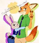 2017 academy_awards anthro bottomwear canid canine clothed clothing compmq_(artist) dipstick_ears dipstick_tail disney duo embrace female fox fully_clothed fur gesture green_eyes hand_gesture hug inner_ear_fluff judy_hopps lagomorph leporid looking_at_viewer looking_back male mammal markings multicolored_ears multicolored_tail necktie nick_wilde open_mouth open_smile pants police police_uniform purple_eyes rabbit red_fox shirt simple_background size_difference smile tail tail_markings text topwear true_fox tuft uniform v_sign zootopia