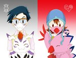 armor eyes_closed eyewear female glasses group headgear helmet male mihuyu_dgmn bandai_namco covid-19_pandemic digimon digimon_adventure joe_kido sora_takenouchi biyomon digimon_(species) gomamon human mammal hi_res