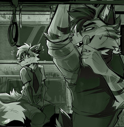 accessory anthro bodily_fluids duo licking licking_lips male necktie nervous public_transportation standinf subway sweat tongue tongue_out train vehicle nervouscherry canid canine fox mammal hi_res