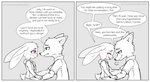 anthro bodily_fluids border clothed clothing crying dialogue duo eye_contact female fully_clothed fur green_eyes grey_background head_tuft hoodie looking_at_another male purple_eyes simple_background smile speech_bubble tears text topwear tuft white_border hawthornss disney zootopia judy_hopps nick_wilde canid canine fox lagomorph leporid mammal rabbit red_fox true_fox comic english_text hi_res spot_color