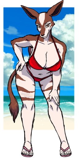 5_tongues anthro beach big_breasts bikini breasts clothing female flip_flops footwear leaning leaning_forward multi_tongue plantigrade sandals shoes smug solo swimwear tongue two-piece_swimsuit wide_hips zimakum beastars cosmo_(beastars) giraffid mammal okapi absurd_res colored_sketch hi_res sketch