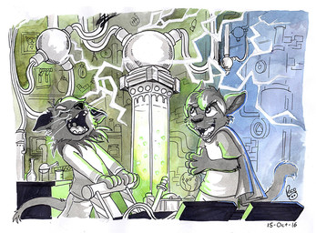 anthro bottomwear cape clothed clothing duo electricity eyes_closed globe hair inside lever male open_mouth open_smile pants scientist shirt short_hair smile standing t-shirt teeth tongue topwear whiskers young young_anthro young_male pandapaco felid mammal