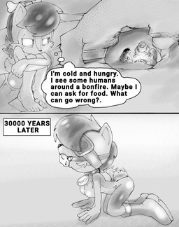 ball_gag bdsm blindfold bone bonfire collar domestication female gag harness humor primitive speech_bubble tail tail_motion tailwag text colono sega sonic_the_hedgehog_(series) sally_acorn salugh_the_cavemunk chipmunk ground_squirrel mammal rodent sciurid english_text monochrome