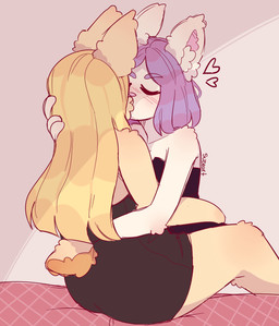 4_fingers anthro arm_tuft bangs bed bent_arm bent_leg big_butt black_clothing black_dress blonde_hair blush blush_lines breasts brown_tail butt clothed clothed_anthro clothed_female clothing dress duo elbow_tuft eyebrow_through_hair eyebrows eyes_closed female female/female female_anthro fingers fluffy_ears fur furniture hair hand_on_head heart_symbol inside kiss_on_lips kissing light long_ears long_hair love medium_hair on_bed pink_inner_ear pink_nose purple_eyebrows purple_hair red_blanket red_line_art romantic romantic_couple scut_tail short_tail sitting sitting_on_bed tail text thick_thighs translucent translucent_hair tuft two_tone_tail wall_(structure) white_body white_fur white_inner_ear white_wall yellow_body yellow_fur yellow_tail suzeart coco_(suzeart) luna_(suzeart) lagomorph leporid mammal rabbit 2024 6:7 artist_name colored colored_line_art digital_drawing_(artwork) digital_media_(artwork) english_description hi_res lighting shaded