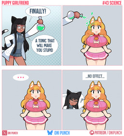 big_breasts black_eyes black_hair black_tail blush bottomwear breasts clothing coat dialogue dipstick_tail duo ellipsis eyelashes eyewear female glasses grey_background grey_clothing grey_sweater grey_topwear hair holding_object holding_potion huge_breasts long_hair looking_at_viewer markings midriff miniskirt open_:3 pink_bottomwear pink_clothing pink_skirt potion question_mark round_glasses simple_background skirt smile standing sweater tail tail_markings text tongue tongue_out topwear white_clothing white_coat white_tail_tip white_topwear onigiri_punch no_thoughts_head_empty animal_humanoid canid canid_humanoid canine canine_humanoid cat_humanoid dog_humanoid felid felid_humanoid feline feline_humanoid humanoid mammal mammal_humanoid absurd_res comic english_text hi_res
