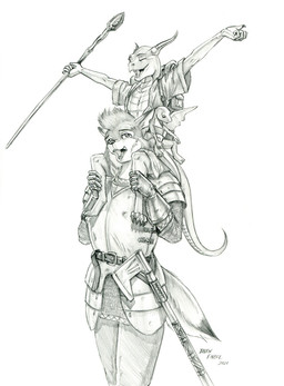 anthro armor axe belt carrying_another clothed clothing dipstick_ears dipstick_tail doll duo ear_markings eyebrows eyes_closed female front_view fully_clothed gloves handwear holding_melee_weapon holding_object holding_polearm holding_spear holding_weapon looking_at_viewer male markings melee_weapon multicolored_ears on_shoulders open_mouth polearm simple_background size_difference spear spread_arms staff tail tail_markings walking weapon white_background baron_engel canid canine canis kobold mammal scalie wolf 2021 graphite_(artwork) hi_res traditional_media_(artwork)