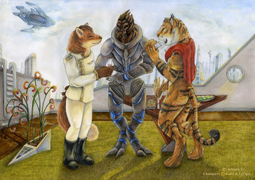 anthro armor barefoot blue_eyes boots brown_body butt casual_nudity city clothed clothing cloud feet fluffy fluffy_tail footwear fur furniture future garden grass group male military nude officer open_mouth orange_body orange_fur outside partially_clothed paws plant shoes sky space_force spacecraft standing striped_body striped_fur stripes table tail tribal uniform vehicle whiskers xaafw konu_eikuku_hentaru bioware electronic_arts mass_effect konu letigre alien canid canine felid feline fox lynx mammal pantherine tiger turian 2011