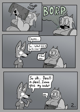 anthro big_breasts breasts burping chugging clothing dialogue drinking duo eyewear female fur glasses horn male metal metal_barrel metal_container overweight overweight_anthro overweight_male shirt speech_bubble text topwear toxic_waste toxic_waste_barrel wearing_glasses wool_(fur) wool_hair living_lupis shawn_(living_lupis) bovid canid canine canis caprine mammal sheep wolf 2025 black_and_white comic english_text hi_res monochrome
