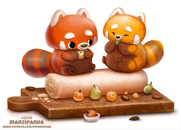 ambiguous_gender black_eyes cutting_board duo eating eyes_closed feral food fruit humor marzipan_(food) orange_(fruit) pear plant pun simple_background smile text visual_pun white_background piper_thibodeau ailurid food_creature mammal red_panda digital_media_(artwork) digital_painting_(artwork) painting_(artwork) url