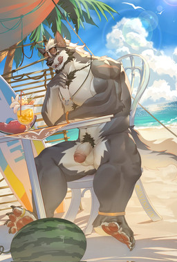 anthro balls beach beard beverage biceps black_sclera body_hair chest_hair chest_tuft digit_ring ear_piercing ear_ring eyewear facial_hair feet flaccid food fruit genitals glans happy_trail jewelry licking licking_lips male melon muscular muscular_male necklace necklace_only nude palm_tree pawpads penis piercing plant pubes ring ring_piercing solo sunglasses tail toe_ring toes tongue tongue_out tree tuft vein watermelon sanjin3jin motto_(motto_0620) canid mammal hi_res