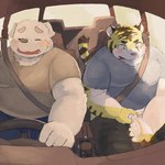 anthro belly big_belly blush bodily_fluids bottomwear car car_interior clothing driving duo eyes_closed genital_fluids humanoid_hands inside_car inside_vehicle kemono male overweight overweight_male pants peeing peeing_into_bottle peeing_into_container shirt sitting topwear urine vehicle chocobibear canid canine canis domestic_dog felid mammal pantherine tiger 1:1 2023 hi_res