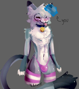 anthro bell blep blue_collar blush bulge claws clothed clothing collar dipstick_ears dipstick_fingers dipstick_tail disembodied_hand ear_markings eyes_closed eyewear femboy fur ghost_hand glasses gold_bell grey_body hair happy headpat leg_warmers legwear mage_hand male markings mostly_nude mostly_nude_anthro mostly_nude_male multicolored_ears panties pattern_clothing pattern_legwear petting pink_nose round_glasses simple_background smile solo striped_clothing striped_legwear stripes tail tail_markings text thigh_highs tongue tongue_out tuft underwear riolait nixuelle ych_(character) domestic_cat egyptian_mau felid feline felis mammal 2026 digital_media_(artwork) english_text hi_res