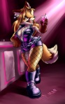 anthro bar beverage breasts cleavage clothed clothing ear_piercing ear_ring female fishnet_clothing food jacket open_clothing open_shirt open_topwear piercing ring_piercing shirt slightly_chubby solo tail topwear mifmaf canid canine fox mammal holly_(disambiguation) hi_res