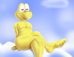 4_toes anthro barefoot cloud crossed_legs eyes_closed feet hindpaw male nude outside paws plantigrade shell-less simple_background soles solo toes gobanire mario_bros nintendo paper_mario koops koopa koopa_troopa scalie