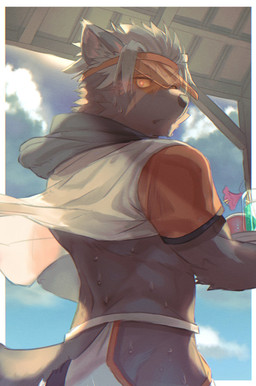 anthro black_body black_fur blush bodily_fluids butt clothing embarrassed fur hair hat headgear headwear looking_at_viewer male muscular muscular_anthro muscular_male scar solo sweat swimwear visor_cap white_hair biri lifewonders tokyo_afterschool_summoners tadatomo_(tas) canid canine canis domestic_dog mammal hi_res