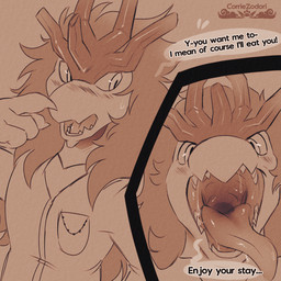anthro anthro_pred blush bodily_fluids ellipsis fur gaping_mouth hair imminent_oral_vore imminent_vore logo looking_at_viewer male male_pred mouth_shot nervous open_mouth prey_pov sharp_teeth solo stuttering sweat talking_to_viewer teeth text tongue tongue_out willing_prey corriezodori nintendo pokemon ancient_pokemon generation_9_pokemon paradox_pokemon pokemon_(species) walking_wake 1:1 artist_logo artist_name english_text hi_res monochrome