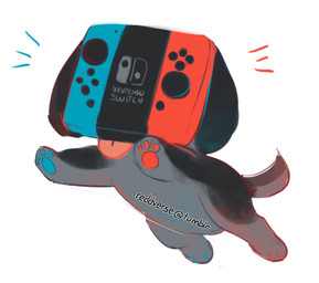 ambiguous_gender black_body black_fur blue_pawpads feral fur grey_body grey_fur jumping logo multicolored_body multicolored_fur pawpads pushbutton quadruped red_pawpads simple_background solo text tongue tongue_out two_tone_body two_tone_fur white_background spicetail nintendo nintendo_switch switch_dog animate_inanimate canid mammal watermark