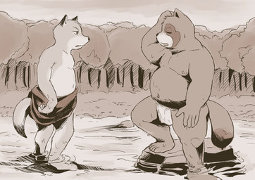 anthro asian_clothing belly clothing duo east_asian_clothing fundoshi japanese_clothing kemono male moobs nipples outside overweight overweight_male plant river standing tree underwear water aotadobukitch canid canine fox mammal raccoon_dog tanuki 2026 hi_res