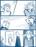 2018 anthro basitin blue_and_white bodily_fluids canid canine canis clothed clothing comic conditional_dnp fangs female fur hair keidran keith_keiser male mammal monochrome natani nervous open_mouth simple_background sketch sweat teeth tom_fischbach twokinds white_background wolf yelling zen_(twokinds)