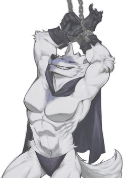 abs adam's_apple alternative_fashion anthro arm_tuft arms_above_head bdsm biceps bondage bound cape chain chained_cuffs cheek_tuft chest_tuft chin_tuft clawed_gloves cloak clothed clothing cuff_(restraint) cuffed_wrists elbow_tuft facial_markings facial_tuft fluffy fluffy_tail fur fuzzy g-string gloves grey_body grey_fur grin handwear head_markings head_tuft leather leather_clothing leather_gloves leather_handwear looking_up male markings mask_(marking) muscular muscular_anthro muscular_male muscular_thighs narrowed_eyes navel nipples pantsless partially_clothed pecs red_eyes restrained restraints simple_background smile soft_abs solo tail teeth topless tuft underwear white_background jarggurnaut dreamworks puss_in_boots_(franchise) death_(puss_in_boots) canid canine canis mammal wolf hi_res