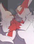 anthro arm_tuft belly_to_belly blush bodily_fluids breath dominant duo embarrassed eye_contact fluffy fur kabedon looking_at_another panting shoulder_tuft slightly_chubby tears tuft white_body white_fur matchstick_39 nintendo pokemon generation_3_pokemon pokemon_(species) zangoose