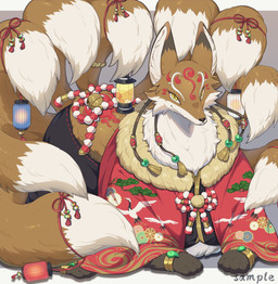 4_toes 9_tails accessory ambiguous_gender asian_clothing brown_body brown_ear_tips brown_fur cheek_tuft clothed clothed_feral clothing digitigrade dipstick_ears dipstick_tail ear_markings east_asian_clothing facial_markings facial_tuft feet feral fluffy fluffy_tail fur furgonomics head_markings inner_ear_fluff japanese_clothing kemono lamp lantern looking_at_viewer markings multi_tail multicolored_body multicolored_ears multicolored_fur multicolored_tail neck_tuft paws pupils quadruped shimenawa sitting slit_pupils smile smiling_at_viewer solo tail tail_accessory tail_markings tan_body tan_fur toes tuft white_body white_fur yellow_eyes tokakuyo asian_mythology east_asian_mythology japanese_mythology mythology canid canine fox fox_spirit mammal 2024 colored digital_media_(artwork) hi_res shaded