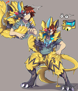 ambiguous_gender anthro bell black_body blush bodily_fluids captured claws clothing collar digitigrade dripping duo forced forced_transformation glowing glowing_eyes goo_transformation heart_symbol hug human_to_anthro male merging mid_transformation pink_eyes resisting shirt simple_background species_transformation standing struggling sweat t-shirt topwear transformation transformation_sequence yellow_body ravieel nintendo pokemon generation_7_pokemon goo_creature human legendary_pokemon mammal pokemon_(species) zeraora hi_res sequence