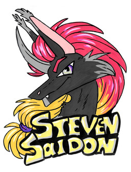 anthro badge equis_universe fangs fluffy fur hair horn male messy_hair smile solo teeth sunny_way steven_saidon ki'rinaes hi_res portrait traditional_media_(artwork)