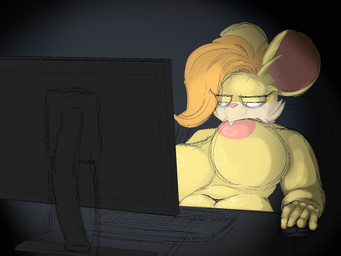 anthro areola belly big_breasts big_ears breast_play breast_suck breasts computer computer_mouse curvy_figure electronics female fingers fur nude pink_areola self_suckle sitting solo sucking voluptuous yellow_body yellow_fur destiny's_art titty_sucking_method brie_(queso2033) mammal mouse murid murine rodent 4:3 hi_res