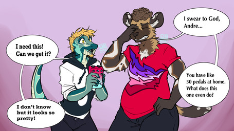 annoyed anthro beard belly black_nose blonde_hair blue_tongue bottomwear brown_body brown_fur button_(fastener) clenched_teeth clothed clothing denim denim_bottomwear denim_clothing dialogue duo excited facial_hair fluffy frohawk fur goatee hair holding_object hoodie jeans knob machine male multicolored_body multicolored_fur pants pinch pushbutton shirt simple_background skinny slightly_chubby sparkles sparkling_eyes speech_bubble teeth text tongue topwear edgymoss andre_taslim darius_davis african_wild_dog canid canine komodo_dragon lizard mammal monitor_lizard reptile scalie digital_media_(artwork) english_text hi_res