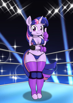 anthro bikini clothing duo female fighters fighting_ring fingerless_gloves gloves handwear knee_pads looking_at_viewer pose smile solo stage_lights stirrup_legwear swimwear two-piece_swimsuit wrestler wrestling ne-octavoid friendship_is_magic hasbro my_little_pony twilight_sparkle_(mlp) equid equine horse mammal pony absurd_res hi_res