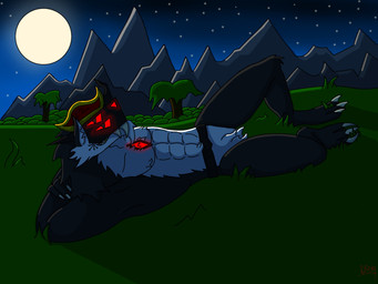 3_toes 4_eyes 4_fingers anthro athletic athletic_anthro athletic_male backlighting belly black_body black_fur black_markings claws cliff clothing cosmic_background countershade_crotch countershade_face countershade_torso countershading cybernetics ears_up fangs feet field fingers forest fur glowing glowing_eyes gold_(metal) gold_tooth grass grin hat headgear headwear highlights_(coloring) horn jungle light looking_at_viewer lying machine male markings moon moonlight mountain multi_eye muscular muscular_male night nude nude_male on_back outside plant reclining shadow sky smile smirk solo star starry_background starry_sky tasteful_nudity teeth toes tree tricorne visor white_belly drexus69 drexus mantled_beast 4:3 cel_shading digital_media_(artwork) hi_res lighting shaded