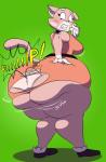 anthro big_breasts big_butt blush breasts butt butt_expansion clenched_teeth clothing expansion female green_background hand_on_butt huge_butt huge_thighs hyper hyper_butt looking_back panties simple_background solo squeezing teeth text thick_thighs underwear wardrobe_malfunction americananomaly_(artist) super_planet_dolan shima_luan domestic_cat felid feline felis mammal absurd_res english_text hi_res