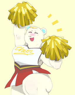 anthro cheerleader_outfit cheerleading_pose clothed clothing female pom_poms simple_background solo white_background yellow_background weeeeps animal_crossing nintendo tutu_(animal_crossing) bear mammal polar_bear ursine 2021 absurd_res hi_res