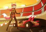 anthro armor clothing detailed_background fur grey_body grey_fur hair headgear helmet jumpsuit outside purple_eyes purple_hair race_car race_track shadow smile solo stadium sunset david_lillie dreamkeepers the_wayward_astronomer miri_rodgers canid canine fox mammal 2016 hi_res