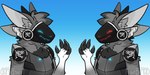 4_ears 5_fingers black_claws blue_background claw_fingers claws fingers fur gradient_background grey_body grey_fur head_tuft heterochromia inner_ear_fluff machine male multi_ear prick_ears protogen_armor protogen_face protogen_visor simple_background smile solo tuft mightbemod shawn_wolf_(character) protogen 2:1 artist_name bust_portrait digital_drawing_(artwork) digital_media_(artwork) portrait watermark