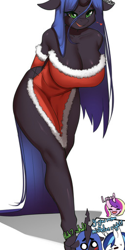 anthro bedroom_eyes bent_over big_breasts black_body blue_hair blush breasts christmas_clothing christmas_dress cleavage clothed clothing dialogue dress emoji female female_anthro green_eyes group hair heart_symbol holidays horn humor interspecies long_hair male male/female missile_toad mistletoe narrowed_eyes plant pun seductive simple_background solo_focus standing text thick_thighs trio visual_pun white_background burgerkiss conditional_dnp christmas friendship_is_magic hasbro my_little_pony mythology princess_cadance_(mlp) queen_chrysalis_(mlp) shining_armor_(mlp) amphibian arthropod changeling_(mlp) equid equine frog horse mammal mythological_creature mythological_equine pony unicorn 2022 absurd_res artist_name english_description english_text full-length_portrait hi_res portrait