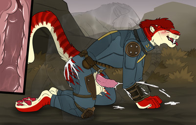 all_fours anal anal_knotting anal_orgasm anal_penetration anthro anthro_on_feral anthro_penetrated balls bestiality big_fangs bite blue_bodysuit blue_clothing blue_skinsuit blush bodily_fluids bodysuit butt clothed clothing cum cum_in_ass cum_inside cum_on_butt cum_on_ground cum_while_penetrated cumshot duo ejaculation erection eyes_closed fangs feral feral_penetrating feral_penetrating_anthro from_behind_position fur genital_fluids genitals hair hands-free interspecies invisible knotting looking_pleasured male male/male male_anthro male_feral male_on_bottom male_on_feral male_on_top male_penetrated male_penetrating male_penetrating_male mating_grip mounting on_bottom on_top open_mouth orgasm penetration penile penile_penetration penile_spines penis penis_in_ass pink_penis plant quadruped red_body red_fur red_hair red_tongue sex short_hair shoulder_bite shrub side_view simultaneous_orgasms skinsuit teeth tight_clothing tongue torn_bodysuit torn_clothing torn_skinsuit translucent translucent_body yellow_balls yellow_body yellow_fur killthe_demon fallout microsoft angel_(velvetvlade) samantha_(nava) felid mammal night_stalker_(fallout) hi_res