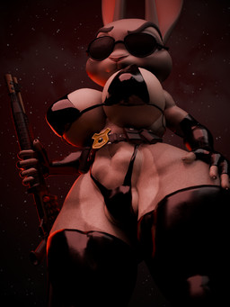 anthro armwear big_breasts bikini bikini_bottom bikini_top black_armwear black_bikini black_clothing black_elbow_gloves black_gloves black_handwear black_latex black_legwear black_swimwear black_thigh_highs breasts camel_toe clothing elbow_gloves eyebrows eyewear female gloves gun handwear latex latex_armwear latex_bikini latex_clothing latex_elbow_gloves latex_gloves latex_handwear latex_legwear latex_thigh_highs legwear looking_at_viewer looking_down looking_down_at_viewer police_badge raised_eyebrow ranged_weapon red_background shotgun simple_background solo star sunglasses swimwear tactical_belt thigh_highs two-piece_swimsuit weapon oddo zebjo_(modeler) disney zootopia judy_hopps lagomorph leporid mammal rabbit 3:4 3d_(artwork) absurd_res digital_media_(artwork) hi_res