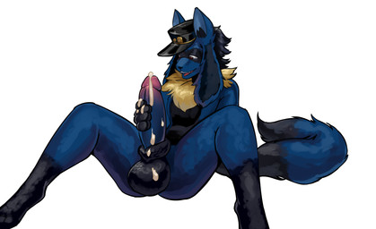 animal_genitalia anthro balls big_penis black_body black_fur black_hair black_inner_ear_fluff black_nose blue_body blue_fur bodily_fluids cum cum_drip cum_on_balls cum_on_hand dripping erection facial_markings fur genital_fluids genitals gloves_(marking) hair hand_on_own_penis hand_on_penis head_markings humanoid_genitalia humanoid_penis inner_ear_fluff leg_markings looking_at_genitalia looking_at_penis looking_at_self male markings mask_(marking) masturbation neck_tuft open_mouth penile penile_masturbation penis pink_tongue red_eyes sheath simple_background socks_(marking) solo spread_legs spreading tail tongue tuft wearing_hat white_background yellow_body yellow_fur yungjayfox nintendo pokemon generation_4_pokemon lucario pokemon_(species) 2026 digital_drawing_(artwork) digital_media_(artwork) hi_res